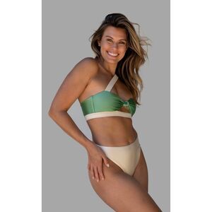 WET Swim Bikini Set Small Green Ivory One Shoulder Knot Front NWT NEW Made in LA